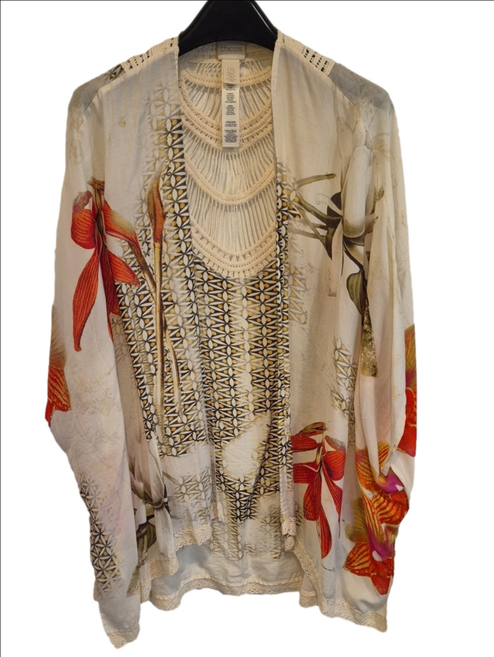 Chico's Cream Silk Blend Kimono with Red and Orange Floral Accents Lace Insert